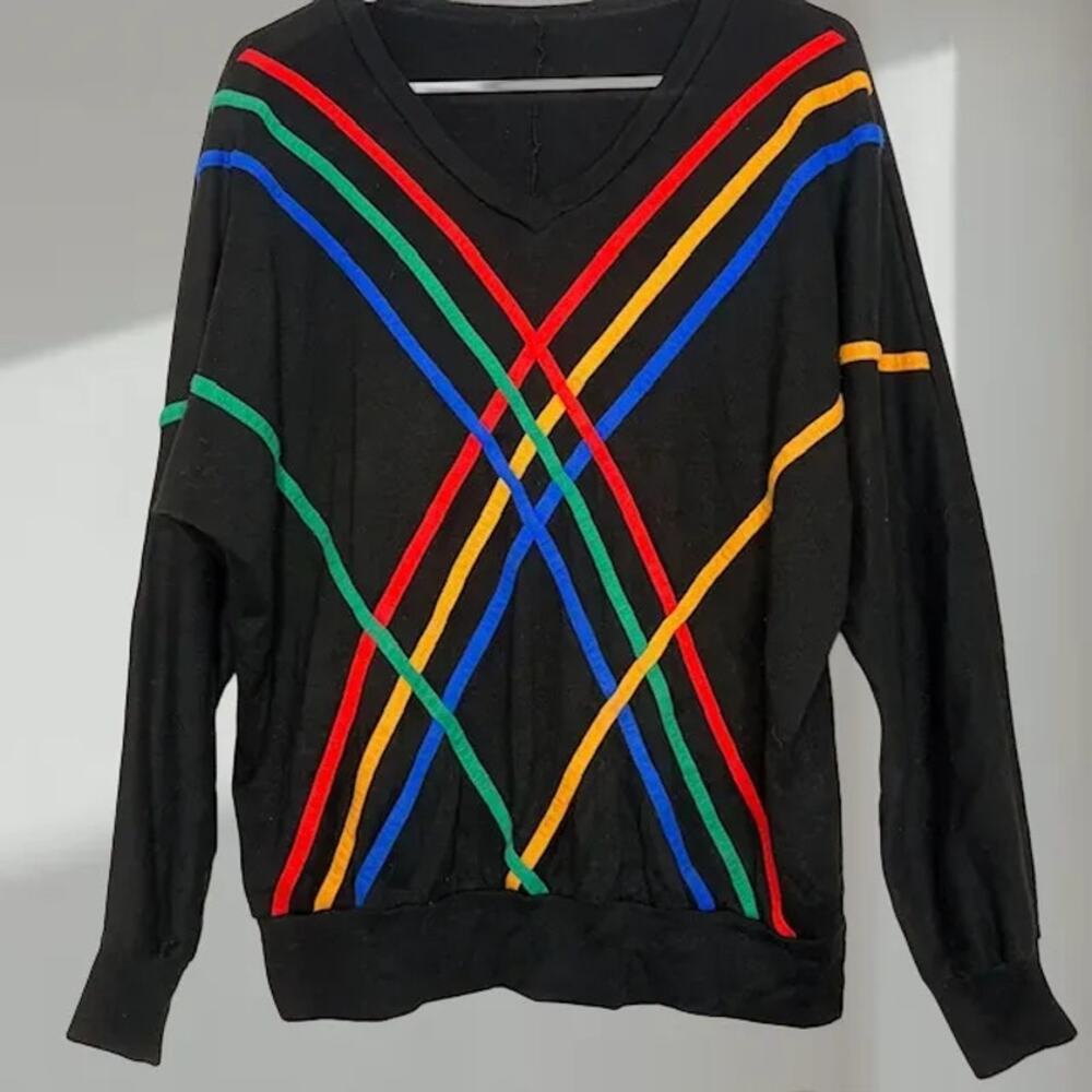 Vintage Rainbow Crisscross Knit Sweater – Black Multi - XL